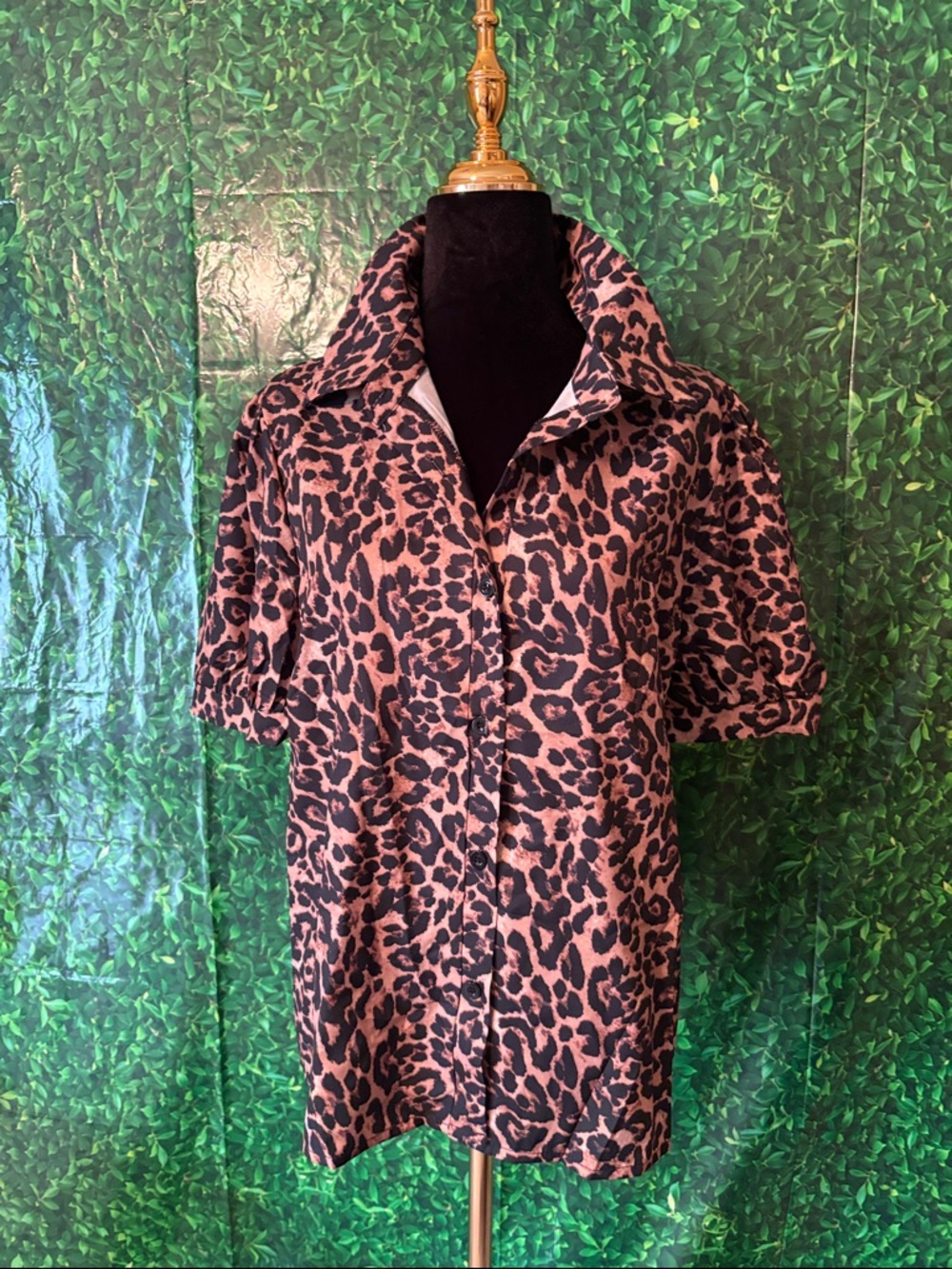 Pink and Black Leopard Print Short-Sleeve Blouse